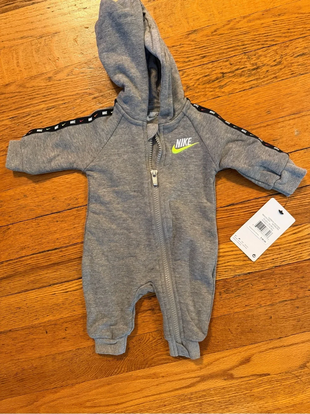 Nike Gray Hooded Baby One-Piece with Neon Swoosh